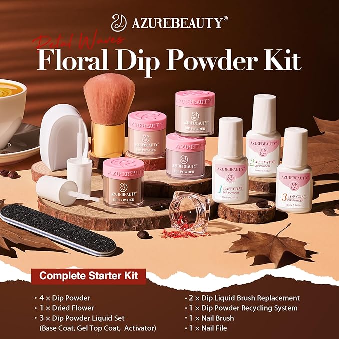 AZUREBEAUTY Dip Powder Nail Kit, 4 Colors Nude Dark Brown with Dried Flower Set, Fall Winter Natural Dipping Powder Starter Liquid Set Recycling Tray with Base & Top Coat Activator ﻿
