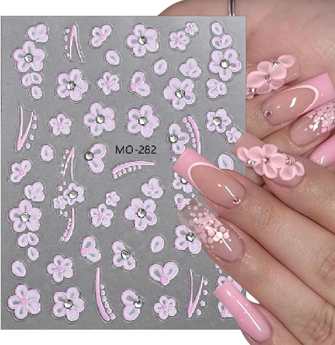 5D Embossed Crystal Diamond Flower Nail Art Stickers Small White Flowers Self-Adhesive Nail Decals Cherry Blossoms with Rhinestones Nail Design Supplies Cute Stickers for Women Girl Manicure 3PCS