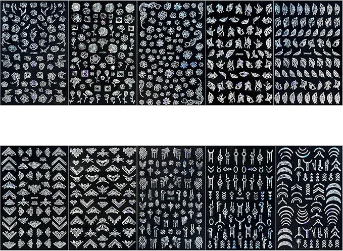 10 Sheets Flower Nail Stickers Silver 3D Self-Adhesive Leaf Art Designs Holographic Laser Manicure Accessories, Style6