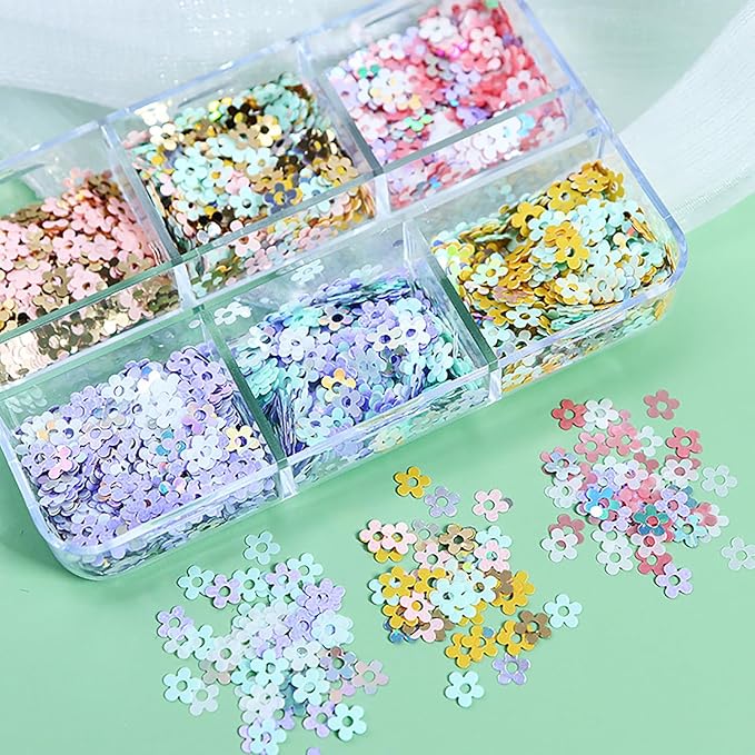 Flower Nail Art Glitter Sequins, 6 Grids Floral Sparkly Nail Glitter Flakes Designs, Shiny Flower Confetti Acrylic Supplies for Women Girls Manicure Charms Holiday Decorations, Resin Nail Art Tips