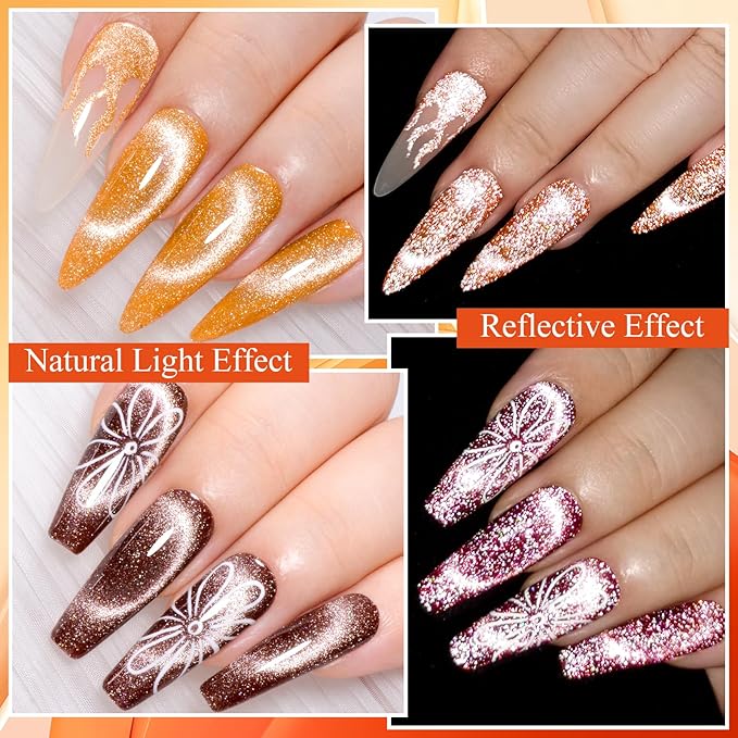 MEET ACROSS Amber Crystal Cat Eye Gel Nail Polish Reflective Glitter Magnetic Magnetic Cat Eye Gel Nail Polish Set Sparkly Red Coral Orange Brown Gift for Winter Christmas