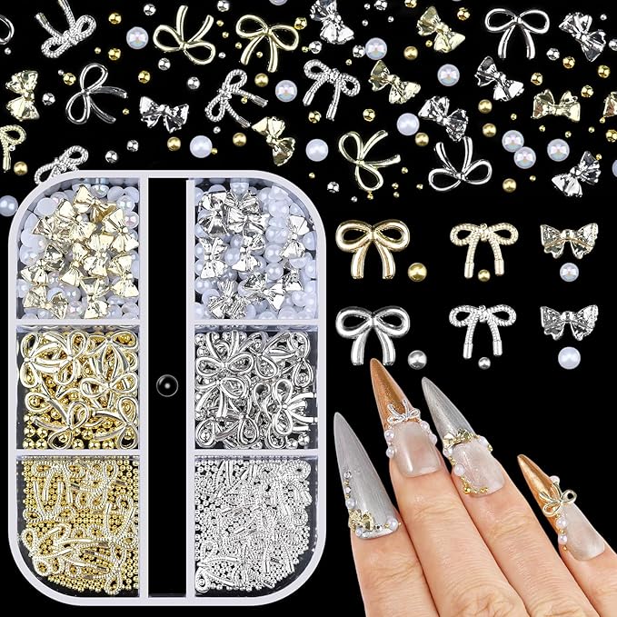 3D Metal Bowknot & AB Pearl and Mini Beads Nail Art Kit - Gold/Silver Alloy Bowknot, 1-2mm Stainless Steel Caviar Beads, 3mm Half Pearls for Professional Salon & DIY Manicure Jewelry Designs (Set 5)