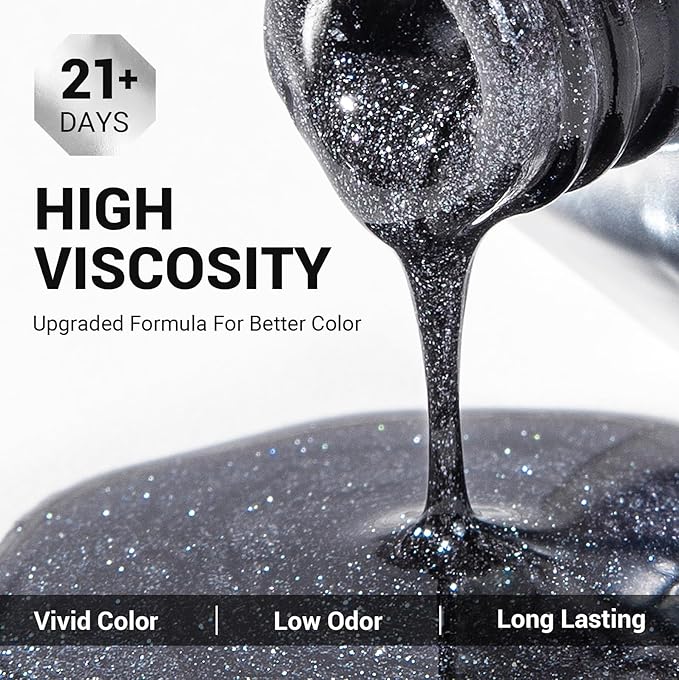 MelodySusie Sliver Glitter Gel Nail Polish,0.5fl oz Black Gray Glitter Nails Soak Off UV LED Sparkle Glitter Gel Polish Gift for Women Nail Art Manicure Salon DIY Nail Design Decoration at Home-z200