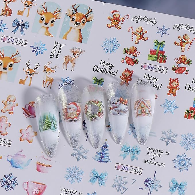 Christmas Water Decals for Nails 48 Designs Holiday Nail Stickers Snowmen Reindeer Water Transfer Nail Decals Christmas Santa Claus Snowflake Penguin Cute Cartoon Manicure Decoration for Women Girls