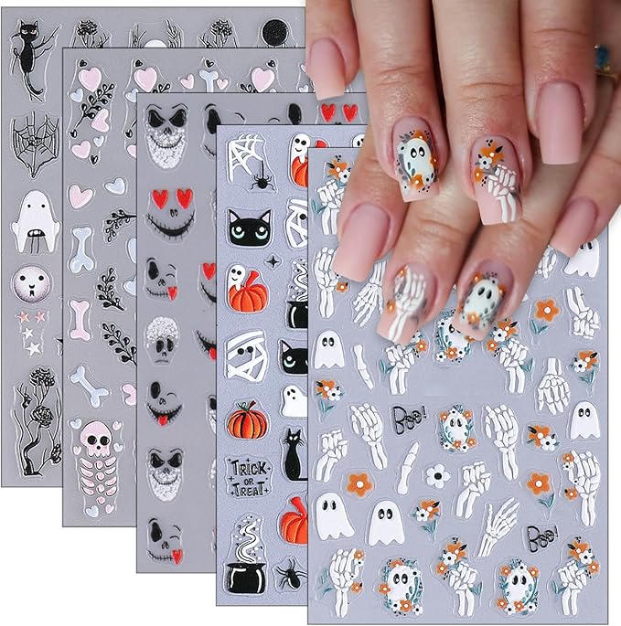5 Pcs Halloween Nail Stickers,Spider Webs Cute Ghost 3D Self-Adhesive Nail Decals Cat Skull and Pumpkin Designs Nail Decorations Halloween DIY Manicure Supplies for Women Girls