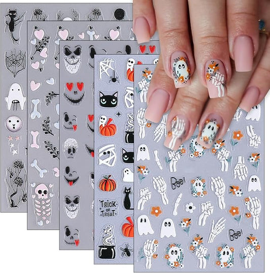 5 Pcs Halloween Nail Stickers,Spider Webs Cute Ghost 3D Self-Adhesive Nail Decals Cat Skull and Pumpkin Designs Nail Decorations Halloween DIY Manicure Supplies for Women Girls