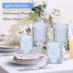 Qinyoung 12 Plastic Vintage Drinking Glasses 8.5oz Stemless Retro Embossed Wine - Image 7