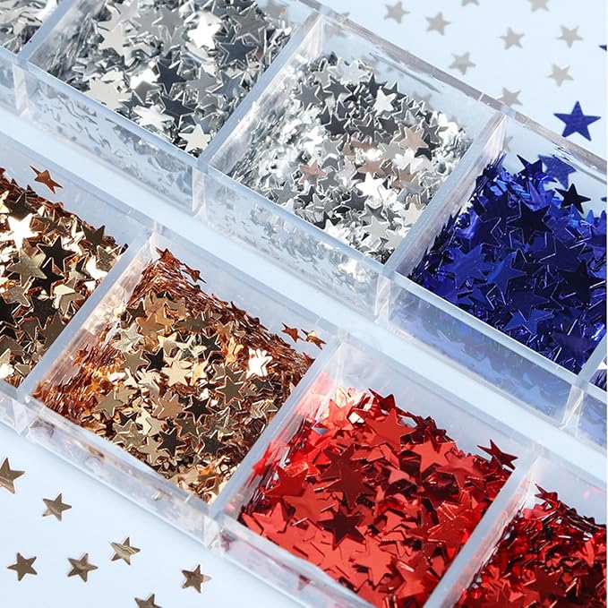 Independence Day Glitter Flakes 12 Grids Sequins Star Supplies Mixed Blue Red Crafts Charms Designs DIY USA Nail Art Decorations Accessories for Women Girl