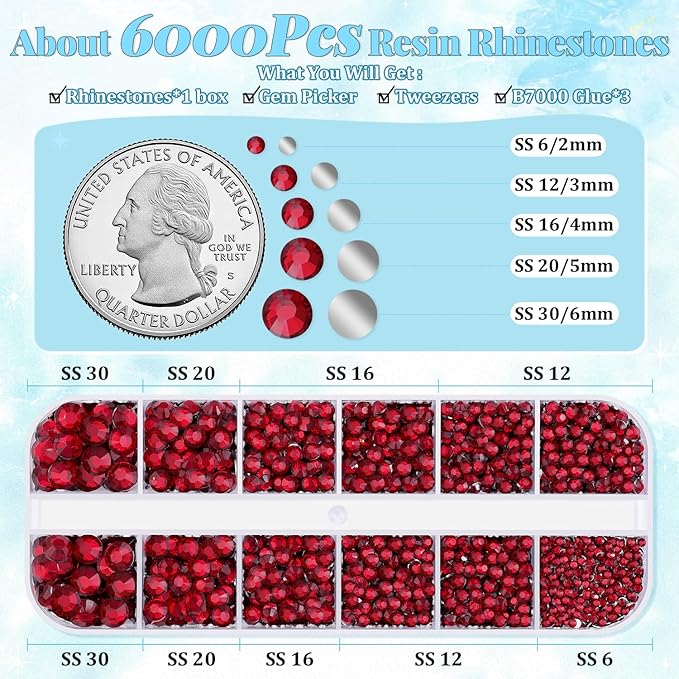 6000Pcs Resin Rhinestones for Bedazzling with 3Pcs B7000 Jewelry Glue, 1 Box Dark Red Flatback Rhinestones for Crafting Crafts DIY, Crystals Gems for Clothing Shoes Tumblers Nail Art Makeup