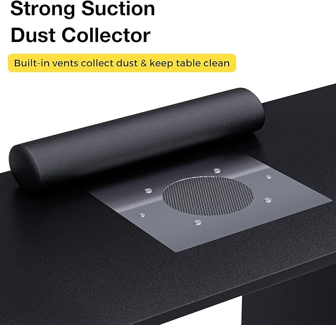 Manicure Table Nail Station w/Dust Collector - L-Shaped Nail Tech Table with Shelves, Storage Cabinets, Drawers, Metal Handles & Legs, Salon Wrist Rest, Beauty Salon Workstation Decor (Black)