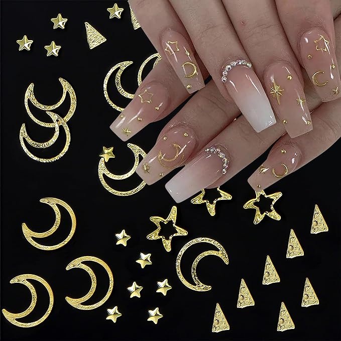 Hollow Moon Star Nail Art Ornaments Glitter Rhinestone Gold Mixed Metal Star Decorations for Women Girls DIY Nail Art Accessories 2 Boxes