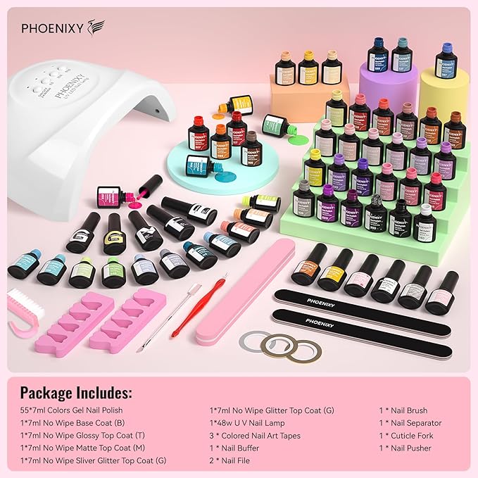 PHOENIXY 71 Pcs Gel Nail Polish Kit with U V Light, 55 Colours Gel Nail Kit with 5 Pcs Base Top Coat Manicure Starter Nail Polish Set Gifts for Women ST9019