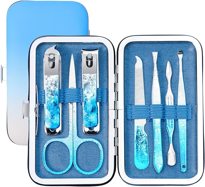 Nail Clippers Set 7 in 1 Stainless Steel, Colorful Manicure Kit Scissors Pedicure Tools Kit with Luxurious Travel Case- Portable Travel Grooming Kit Gift for Women