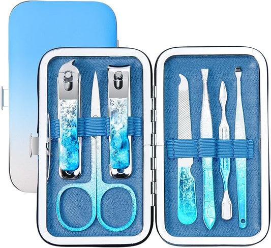 Nail Clippers Set 7 in 1 Stainless Steel, Colorful Manicure Kit Scissors Pedicure Tools Kit with Luxurious Travel Case- Portable Travel Grooming Kit Gift for Women