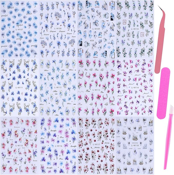 Ink Flower Nail Art Stickers 12 Sheets 3D Self-Adhesive Nail Decals with Tweezers Watercolor Floral Leaves Stickers Charming Blossom Flowers Designs Nail Art Supplies Manicure Accessories for Women