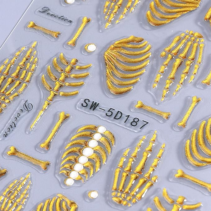 Halloween Nail Stickers Gold Finger Bones Nail Decals 5D Embossed Nail Supplies Rose Gold Bone Skeleton Nail Art Stickers for Acrylic Nails for Women DIY Manicure Decorations 2PCS