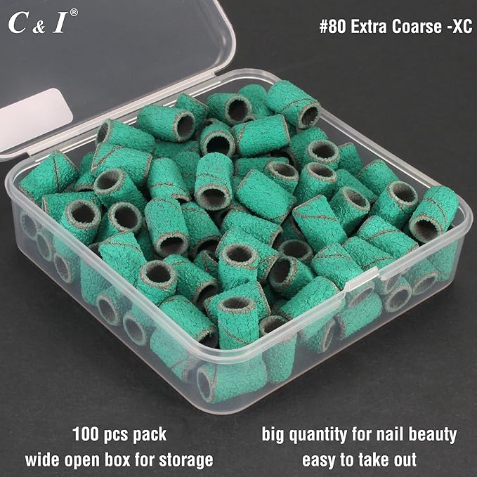 C & I Nail Sanding Bands 100 PCS Plus Upgrade Mandrel 1 PC, Nail Drill Bits for Acrylic Gel Nails Remove, Natural Nails Buffer for Nail Prep and Nail Shiner (Green, #80 Extra Coarse)