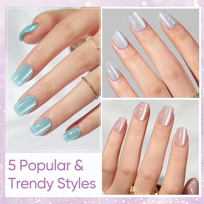 Press on Nails Short 5 Styles, Jofay Fashion 160Pcs Summer Cat Eye Press on Nails for Women, Reusable Opaque Gel Fake Nails, Square Glue On Nails Kit in 16 Sizes, Bubbles