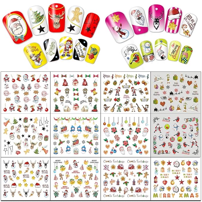 TailaiMei 60 Sheets Christmas Nail Stickers, Water Transfer Decals, Winter Full Nail Wraps Nail Art Decorations, Design for Santa Claus Snowflake Snowman (1028 Pcs)