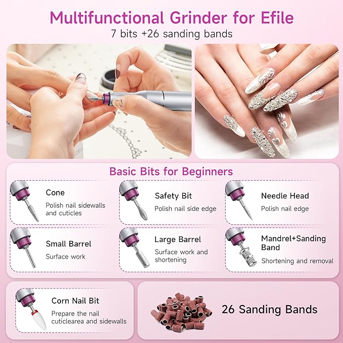 Electric Nail Drill Professional, Portable Nail File for Acrylic Gel Nails, Cordless Rechargeable Ultra Power Nail Drill Kit 40000RPM, HMC320 Salon-Grade Efile Nail Machine (White)