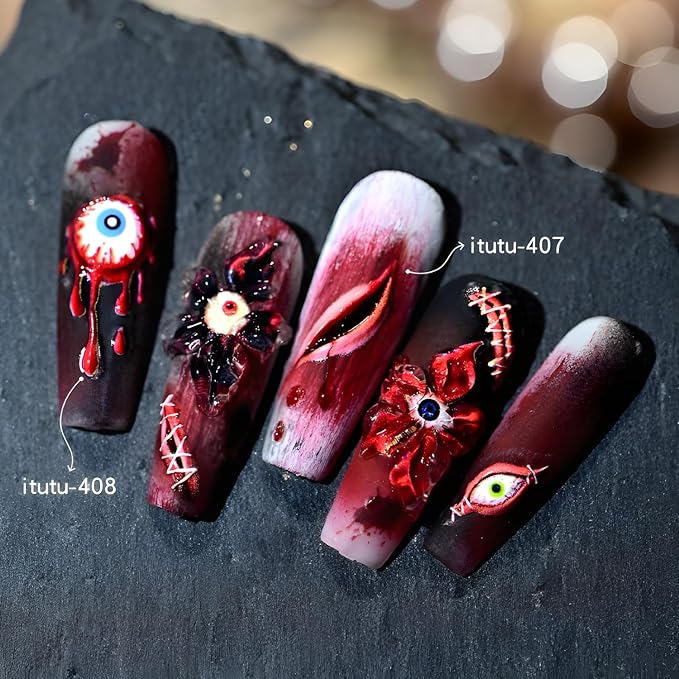 Halloween Nail Stickers Flower Nail Sticker for Nail Art 5D Self-Adhesive Evil Eye Nail Decals Red Nail Art Supplies Accessories Decoration for Women and Girls