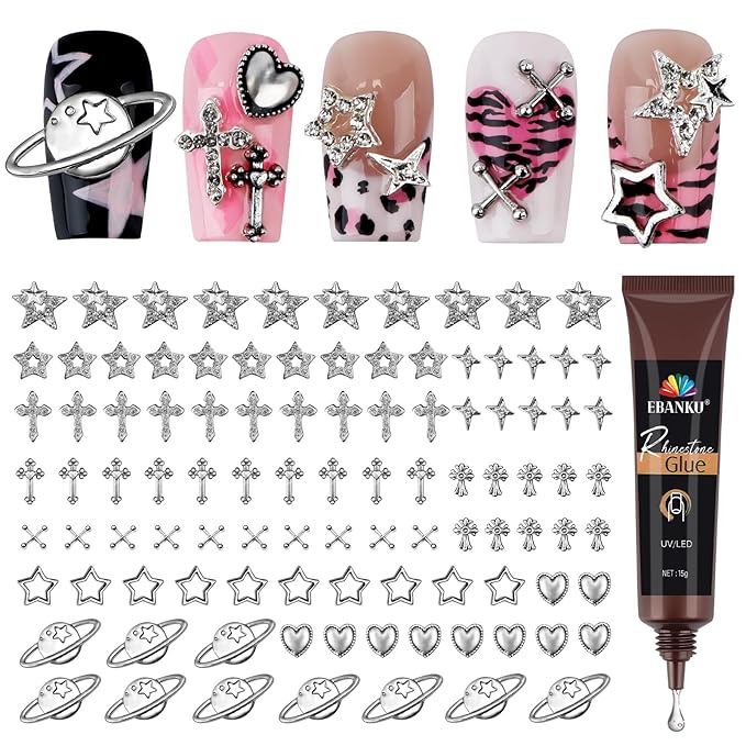 EBANKU Nail Charms for Nails, 100 PCS Nail Charms Y2K Bulk Set with 15g Nail Rhinestones Glue, Star Heart Planet Cross Alloy Nail Gems 3D Silver Stars Nail Jewels Accessories for Acrylic Nails