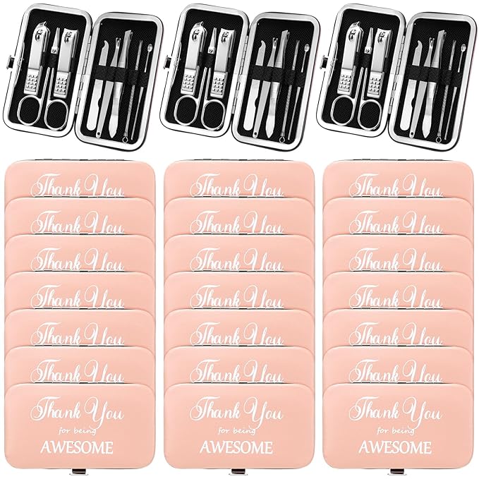 Therwen 24 Sets Manicure Set Nail Clippers 8 in 1 Stainless Steel Grooming Nail Kit Thank You Appreciation Gift Professional Pedicure Tool for Men Women Personal Care(Pink)