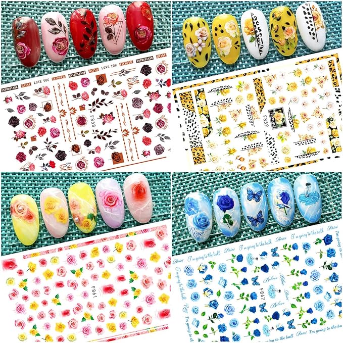 8 Sheets Flower Nail Art Stickers 3D Rose Nail Decals Self Adhesive Spring Summer Nail Charms Acrylic Nail Art Supplies Rose Floral Butterfly Nail Stickers for Women Girls DIY Nail Decorations
