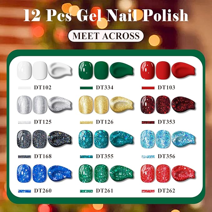MEET ACROSS 12PCS Gel Nail Polish Set, 12 Colors Gel Nail Kit Art Design Soak Off UV LED,Nail Art Design Gifts for Women (Red Green, 12PCS)