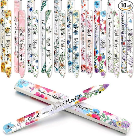 10 Pack Christian Crystal Glass Nail File for Natural Nails Christian Gifts for Women Bulk Church Bible Verse Scripture Glass File with Case Double Sided Floral Scripture Emery Boards Religious Gift
