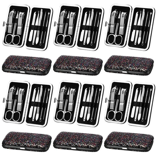 Geosar 12 Set 8 in 1 Manicure Set Stainless Steel Nail Clippers Kit Pedicure Care Tools with Leather Case Travel Grooming Kit Gift for Women Men(Glitter Dark Red)