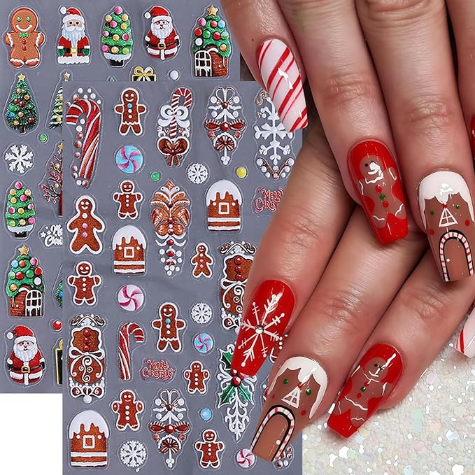 4 Sheets Christmas Nail Art Stickers 5D Micro Relief Gingerbread Man Nail Decals Santa Claus Snowman Snowflake Xmas Tree Nail Design Xmas Light Bow Nail Decor Winter Holiday Manicure DIY Nail Supplies
