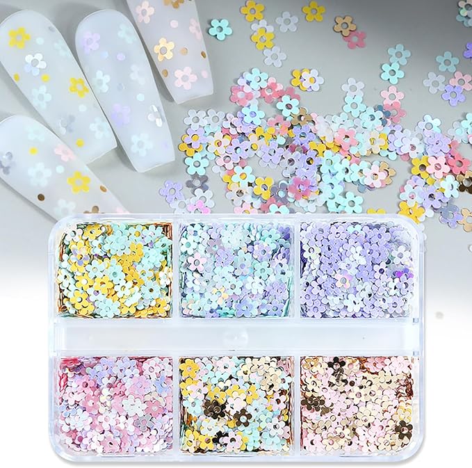 Flower Nail Art Glitter Sequins, 6 Grids Floral Sparkly Nail Glitter Flakes Designs, Shiny Flower Confetti Acrylic Supplies for Women Girls Manicure Charms Holiday Decorations, Resin Nail Art Tips