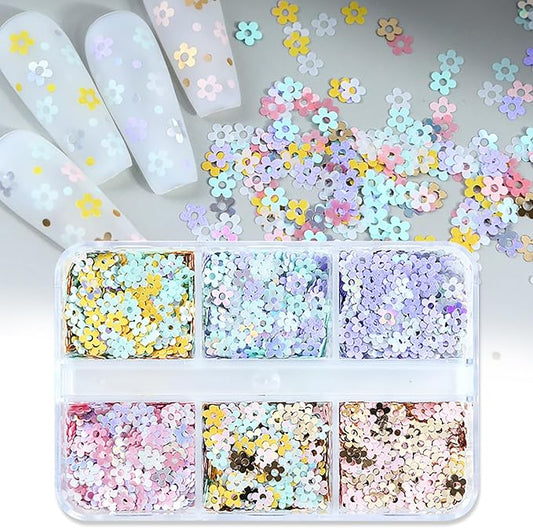 Flower Nail Art Glitter Sequins, 6 Grids Floral Sparkly Nail Glitter Flakes Designs, Shiny Flower Confetti Acrylic Supplies for Women Girls Manicure Charms Holiday Decorations, Resin Nail Art Tips