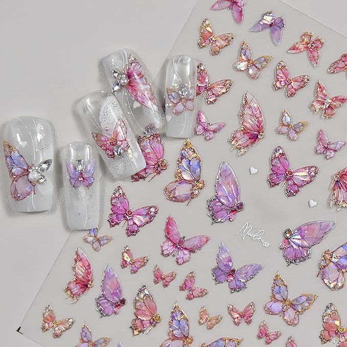 2 Sheets Butterfly Nail Art Stickers 5D Embossed Pink Butterfly Nail Decals Glitter Aurora Butterfly Nail Pattern Self-Adhesive Nail Art Stickers DIY Nail Decoration