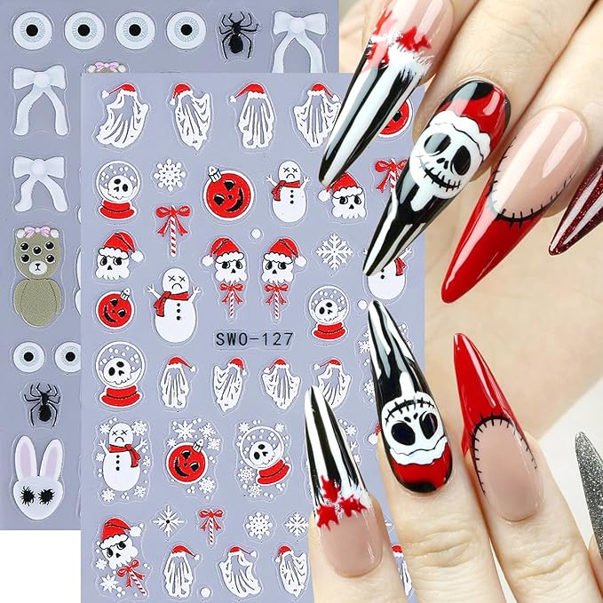2Sheets Halloween Nail Art Stickers 5D Embossed Evil Snowman Ghost Designs Nail Decals Self-Adhesive Skull Pumpkin Nail Stickers Litter Bear Eye Nail Decal Spider Nail Sticker for Women Nails Decor