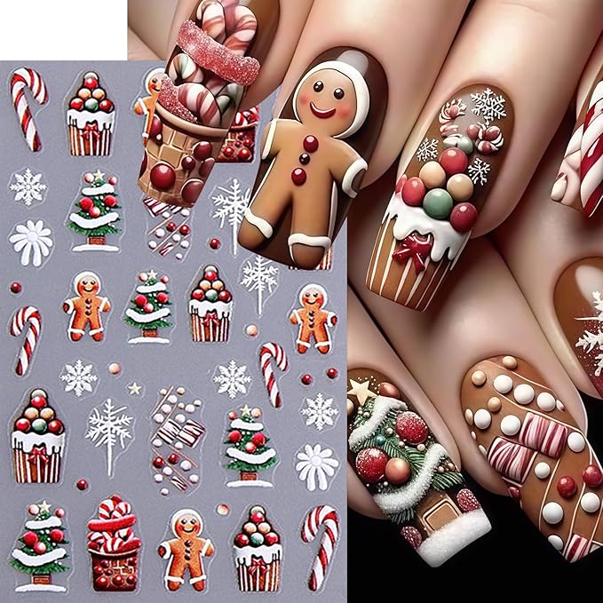 4 Pcs Christmas Nail Art Stickers 5D Micro Embossed Self-Adhesive Snowman Gingerbread Man Snowflake Bow Holly Leaf Nail Decals Xmas Tree Santa Claus Nail Supplies for Women Winter Holiday DIY Manicure
