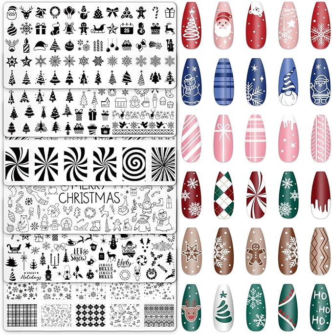 Whaline 6Pcs Christmas Nail Plates Stamping Set Xmas Tree Snowflake Snowman Stamp Templates Nail Art Plates for Winter DIY Print Manicure Salon Design Gift