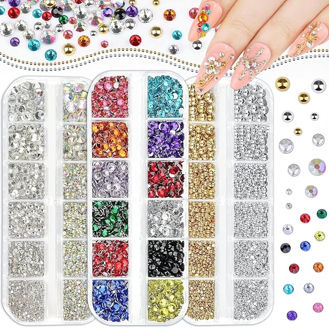 3 Boxes Sparkling Rhinestones and Pearls Kit for Acrylic Nails, 1-3mm Colorful Rhinestones & 1.5-6mm AB/Clear Gemstones & 1.5-5mm Silver/Gold Pearls for Women DIY Manicure Crafts (16-S3-Resin)