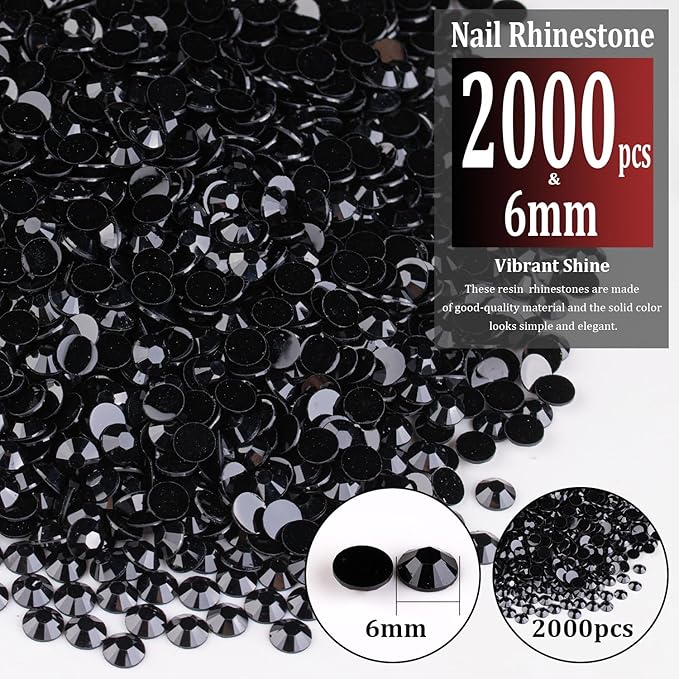 2000pcs 6mm Resin Rhinestones Bulk, Black Flatback Round Jelly Rhinestones Bedazzling Non Hotfix Crystal Gems Large Quantity Wholesale for DIY Crafts Clothes Bottles Tumblers Face Makeup Manicure