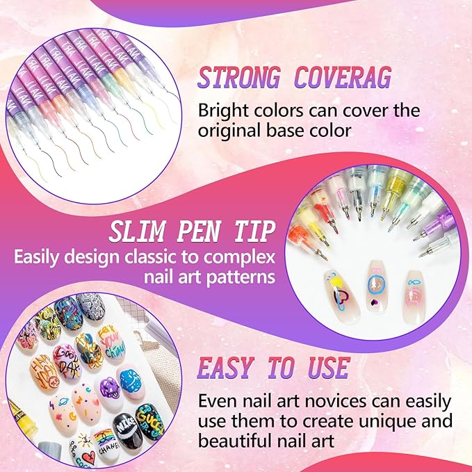 12 Colors Nail Art Pens Set, 3D Quick-Dry 0.5MM Nail Polish Pens, 2025 DIY Nail Art Marker Graffiti Dotting Pen for Nails Art Design Manicure Nail DIY Decoration (B)