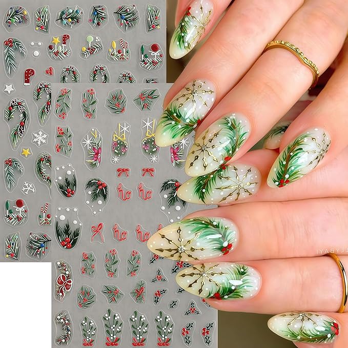 Christmas Nail Stickers 4 Sheets Christmas Nail Art Stickers, 5D Embossed Self-Adhesive Winter Leaves Snowflake Christmas Tree Flower Nail Decals Pattern Design DIY Holiday Nails Decoration for Women
