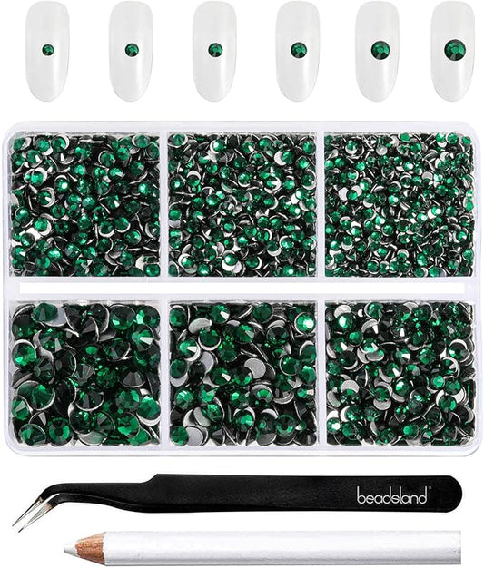 Beadsland 4300pcs Flatback Rhinestones,Green Rhinestone Nail Gems Round Crystal Rhinestones for Crafts,Mixed 6 Sizes with Picking Tweezers and Wax Pencil Kit, SS6-SS20,Emerald