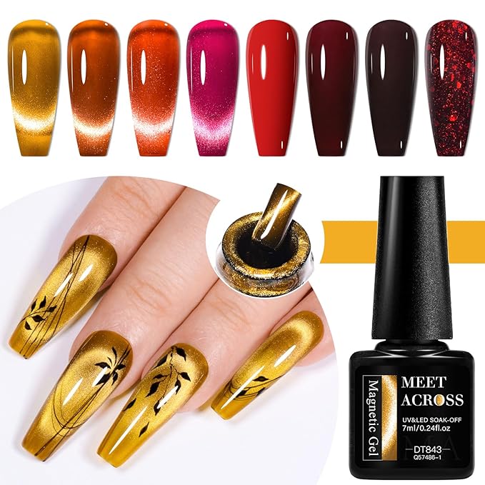 MEET ACROSS 8pcs Gel Nail Polish Set, Soak off UV LED Lamp Gel Nail Polish Cat Eye Set Home Gel Manicure Kit 7ml (Cat Eye + color Gel-1)