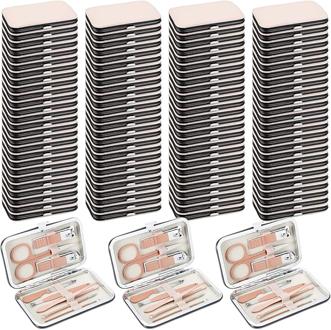 Lasnten 100 Bulk Nail Clipper Set Bulk Manicure Kit Stainless Steel Pedicure Professional Nail Care Kit with Travel Case Portable Grooming for Husband Men Women Family(Rose Gold,8 in 1)