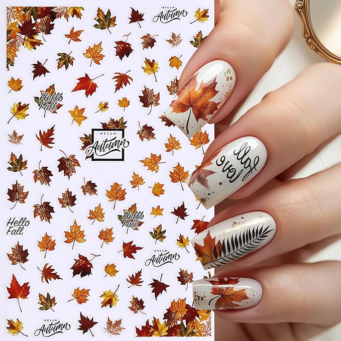 6 Sheets Fall Nail Art Stickers Decals Thanksgiving Day Pumpkin Nail Decals 3D Self-Adhesive Autumn Maple Leaves Pumpkin Design Maple Leaf Nail Art Sticker for Women Holiday DIY Manicure Decoration
