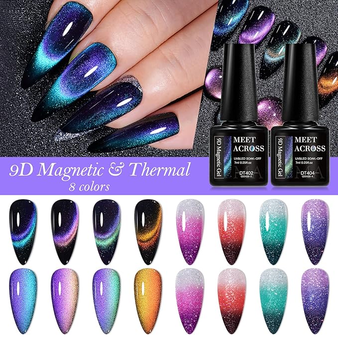 MEET ACROSS 8pcs Nail Polish Set, Soak off UV LED Lamp Cat Eye Gel Set Home Manicure Kit 7ml (Glitter Temper + 9D Cat Eye Gel)