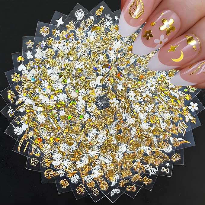 30 Sheets Gold Nail Art Stickers 3D Self Adhesive Star Nail Decals Gold Flower Nail Stickers for Nail Art Heart Snowflake Nail Art Design Decoration Accessories for Women and Girls, Style 2