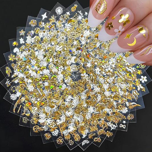 30 Sheets Gold Nail Art Stickers 3D Self Adhesive Star Nail Decals Gold Flower Nail Stickers for Nail Art Heart Snowflake Nail Art Design Decoration Accessories for Women and Girls, Style 2