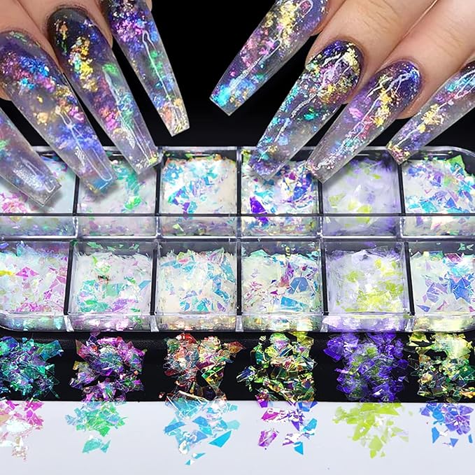12 Colors Holographic Chrome Nail Art Glitter Sequins Iridescent Ice Slag Chunky Nail Glitter Flakes Mermaid Nail Sequins Colorful Fluorescent Glass Paper Nail Art Decoration for Face Hand Body DIY